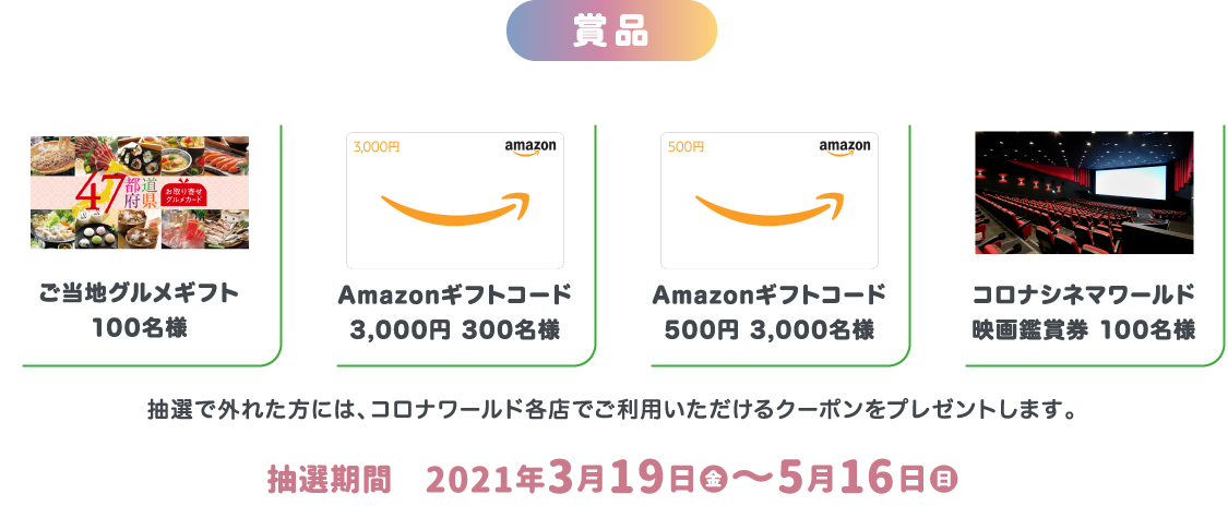 賞品 ご当地グルメギフト100名様 Amazonギフトコード3,000円 300名様 Amazonギフトコード500円 3,000名様 コロナシネマワールド映画鑑賞券 100名様 抽選で外れた方には、コロナワールド各店でご利用いただけるクーポンをプレゼントします。抽選期間　2021年3月19日から5月31日まで